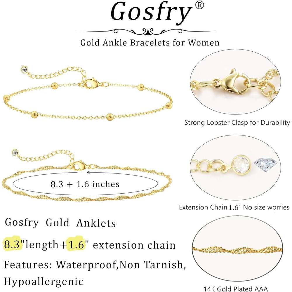 2/3 PCS Anklets for Women Waterproof Cuban Link Anklet Beaded Stackable Bracelets 14K Gold Plated Custom Jewelry Gifts Non Tarnish Lightweight