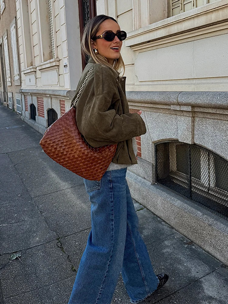 Women Suede Bomber Jacket Vintage Lapel Zipper Long Sleeve Female Coats 2025 Autumn Lady Casual Commute Street Outerwears 250805