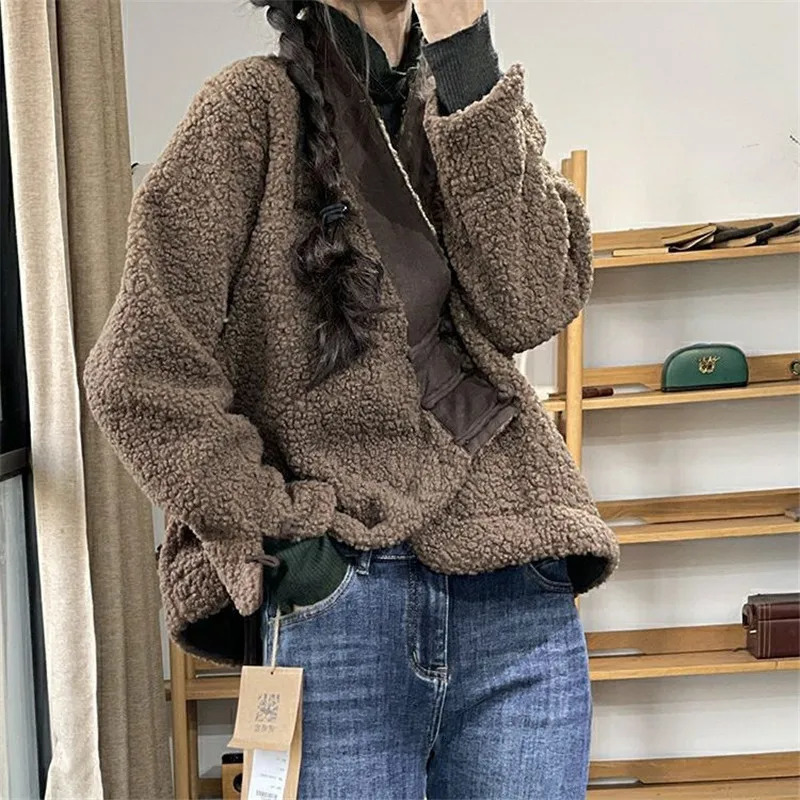 Limiguyue Literary Solid Short Jacket Women Loose Thick Lamb Wool Coat Ethnic Style Vneck Buckle Outerwears Autumn Winter 623P 250811