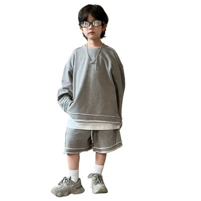 2025 Spring Summer Collection Fashion Korean Simple Style Childrens Splicing Edge Hoodie Shorts Set 2 Pieces Z250811