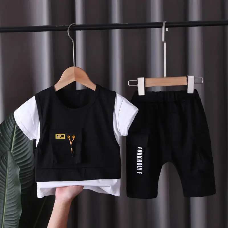 New Children Cotton Clothes Summer Kids Boys Patchwork T Shirts Shorts Pants 2Pcs/sets Infant Kids Toddler Tracksuits 0-5 Years Z250811