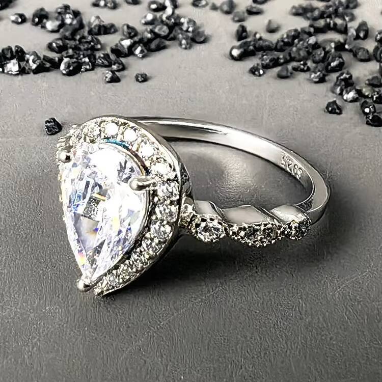 Vintage 925 Sterling Silver Teardrop Engagement Ring Genuine Fine Jewelry with VVS Moissanite for Women Anniversary Gift