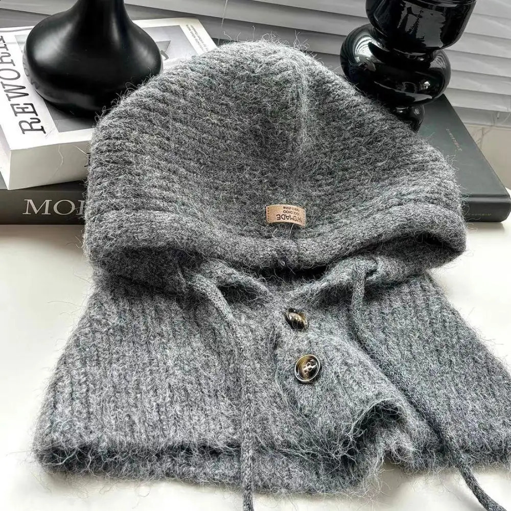 Winter Beanie Hats One-Piece Knit Wool Balaclavas Hooded Caps Korean Style Womens Winter Hood Neck Warmer Cycling Beanies Caps 250808