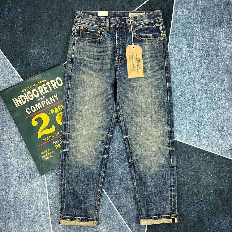 14oz Heavyweight Red Seedge Denim Jeans for Men Heavy Washed Distressed Straight Blue Pants Male American Casual Trousers