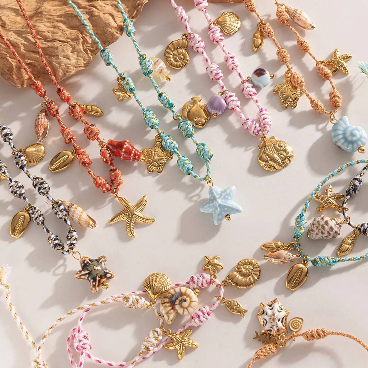 CARLIDANA Elegant Stainless Steel Hand-woven Rope Chain Flower Starfish Heart Sea Pendant DIY Charm Bracelet Necklace for Women