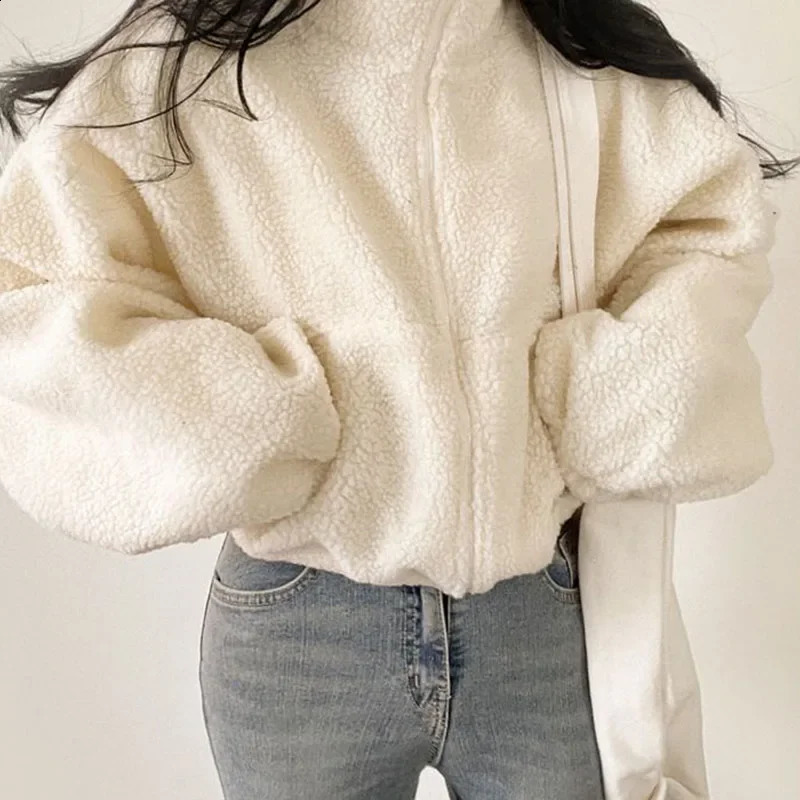 Lucyever Women Short Lamb Wool Jacket Autumn Winter Thicken Warm Plush Coat Female Fashion Zipper Stand Collar Outerwear 250804