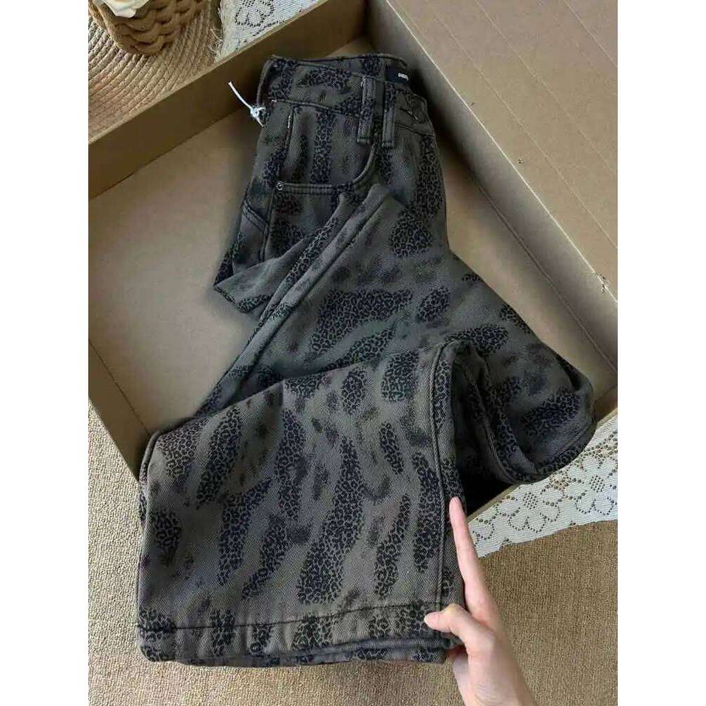 American Retro Leopard Jeans Women Autumn/Winter New High Waist Loose Thick Warm Denim Fashion Niche Straight Pants