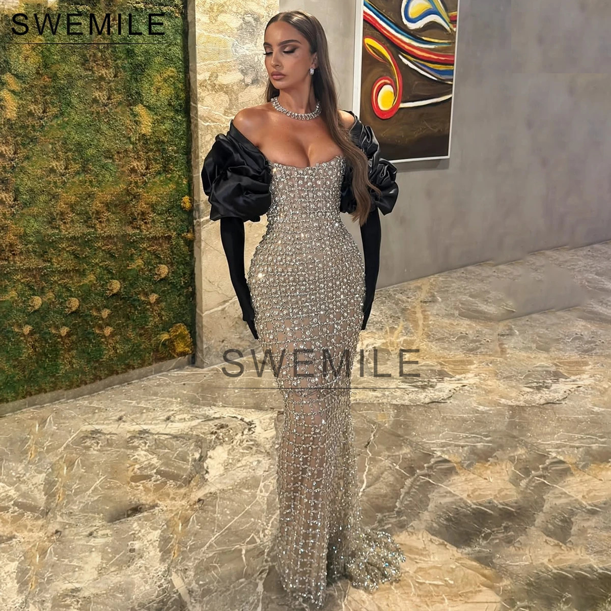 SWEMILE y Sparkly Mermaid Prom Dresses 3D Flowers Long Sleeves Strapless Beaded Diamonds Women Evening Gown Customized 250811