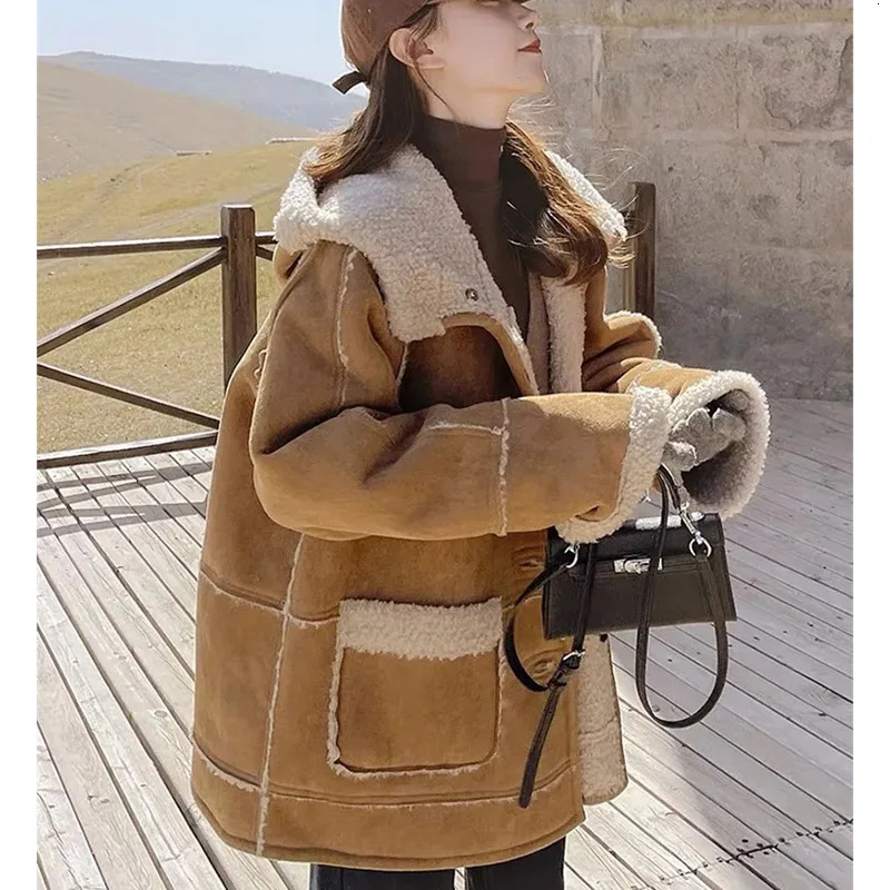 Winter Female Suede Velvet Lamb Wool Tops Ladies Medium Long Styles Hooded Jacket Women Sleeves Lntegrated Fur Leather Coat 250811