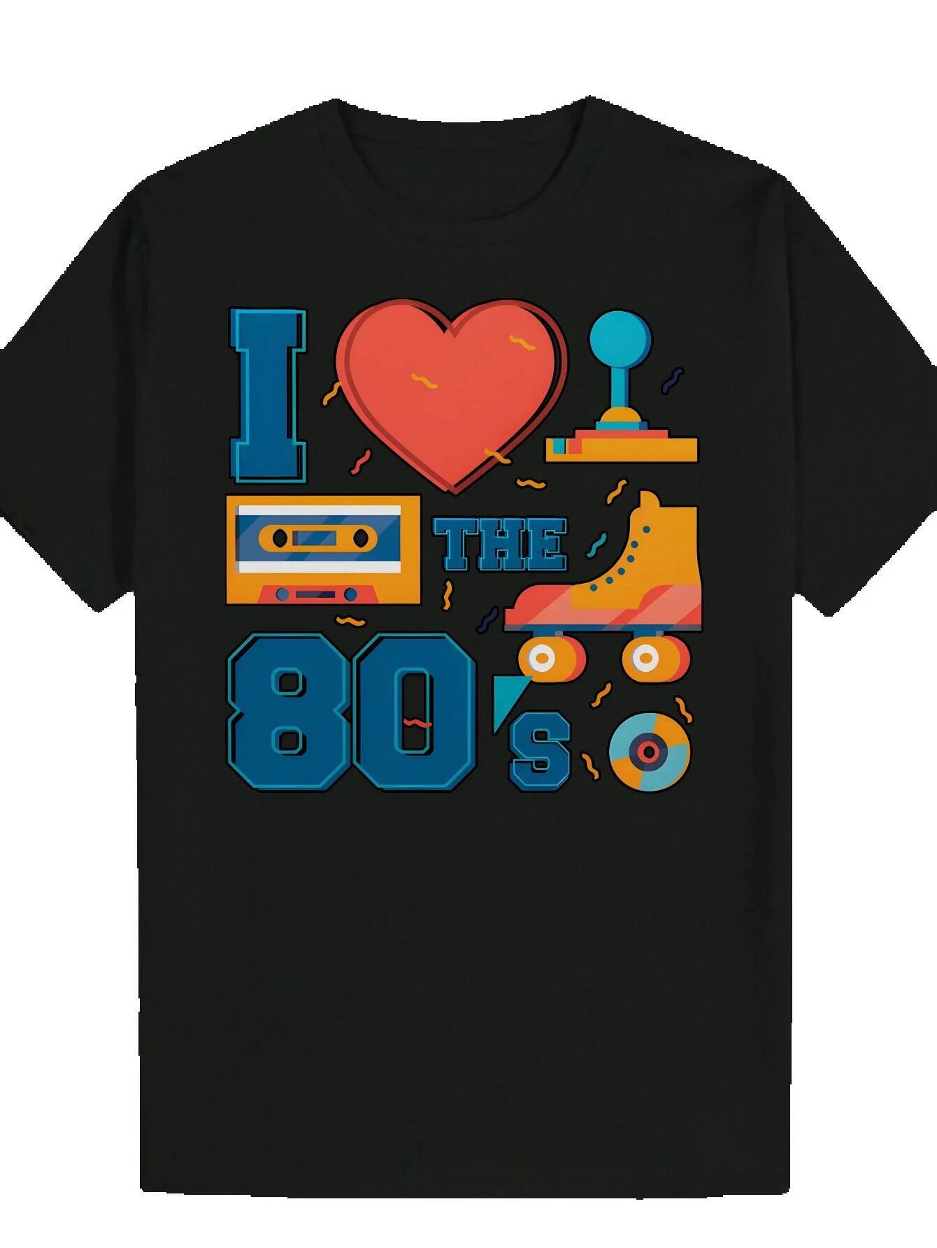 Men's 80s Graphic T-Shirt - Cassette Roller Skate Design, Black with Blue and Orange Accents, Breathable Polyester, Regular Casual Summer T-Shirt
