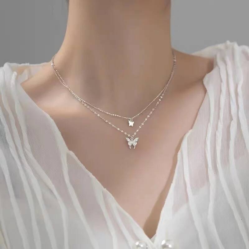 Popular Sterling Sier Double Layer Butterfly Necklace Zirconia Insect Pendant Birthday Gift For Women's Fine Jewelry