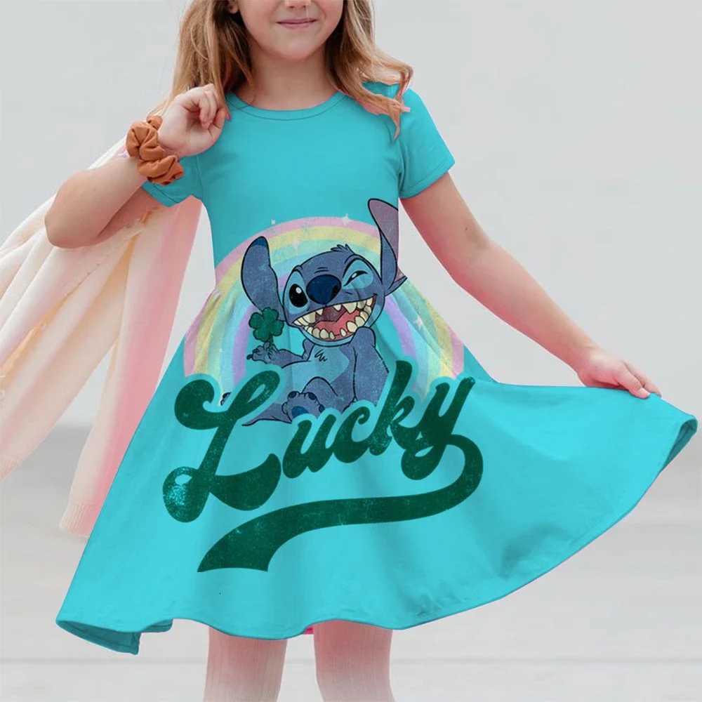Short-Sleeved Dress 3-14 Years Old Kids Performance Clothing Summer New Childrens Clothing 3d Printed Romantic Stitch Cute Girl W250811