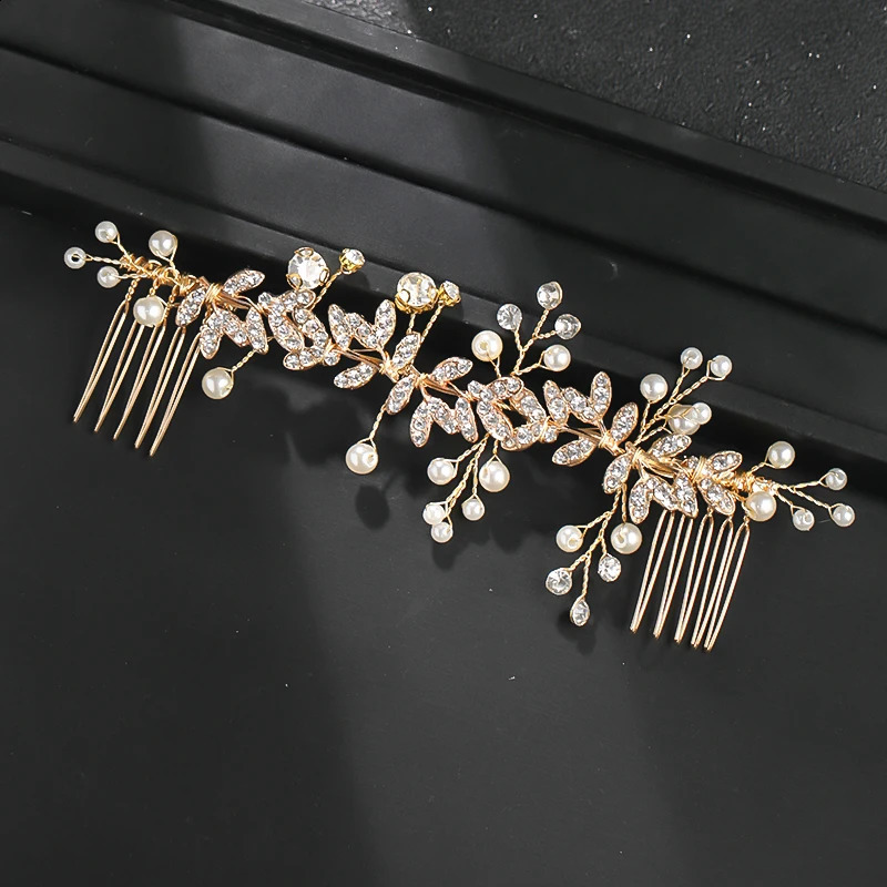 Wedding Pearl Leaf Crystal Hair Comb Hairpin Headband Tiara For Women Bride Queen Party Bridal Accessories Jewelry 250804
