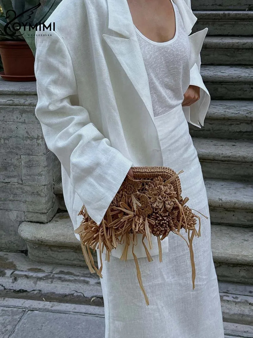 Oymimi Casual White Two Piece Set For Women Elegant Long Sleeve Pockets Blazers And High Waist Straight Floor-Length Skirts Sets 250811