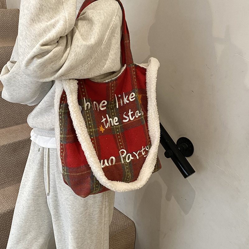 Christmas Red Plaid Lamb Wool Patchwork Autumn Winter Handbag Crossbody Large Capacity Tote Student Reversible Shoulder Bag