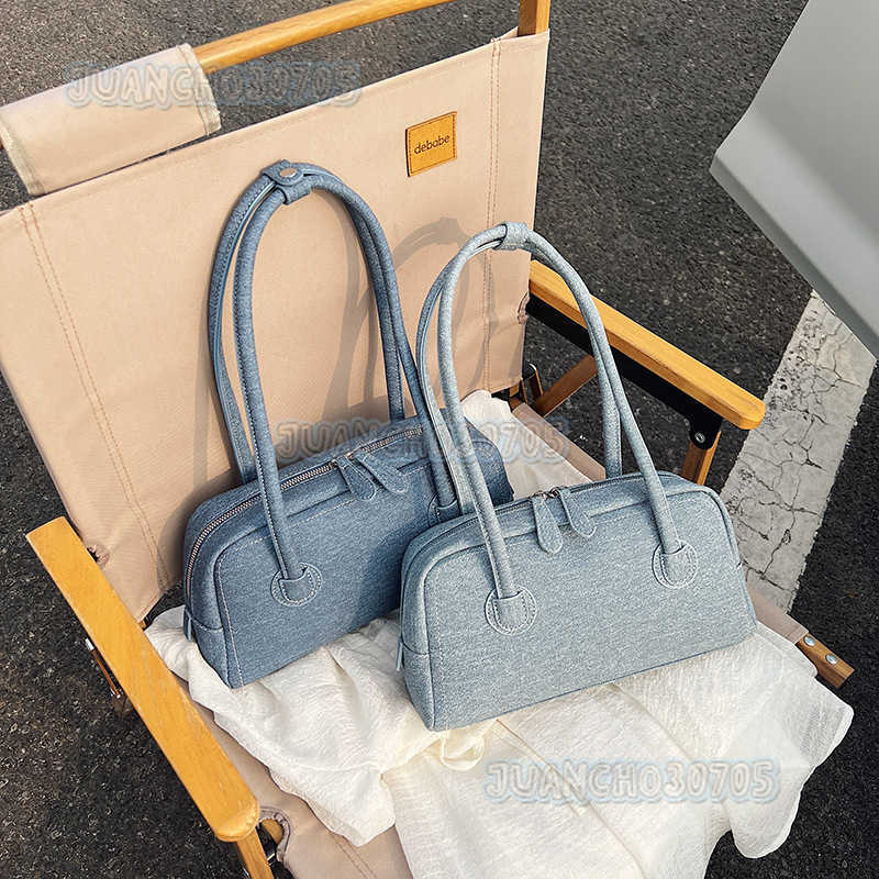 2025 Summer New Denim Solid Color Boston Bag Large Capacity Textured Commuter Shoulder Pillow Bag H250809