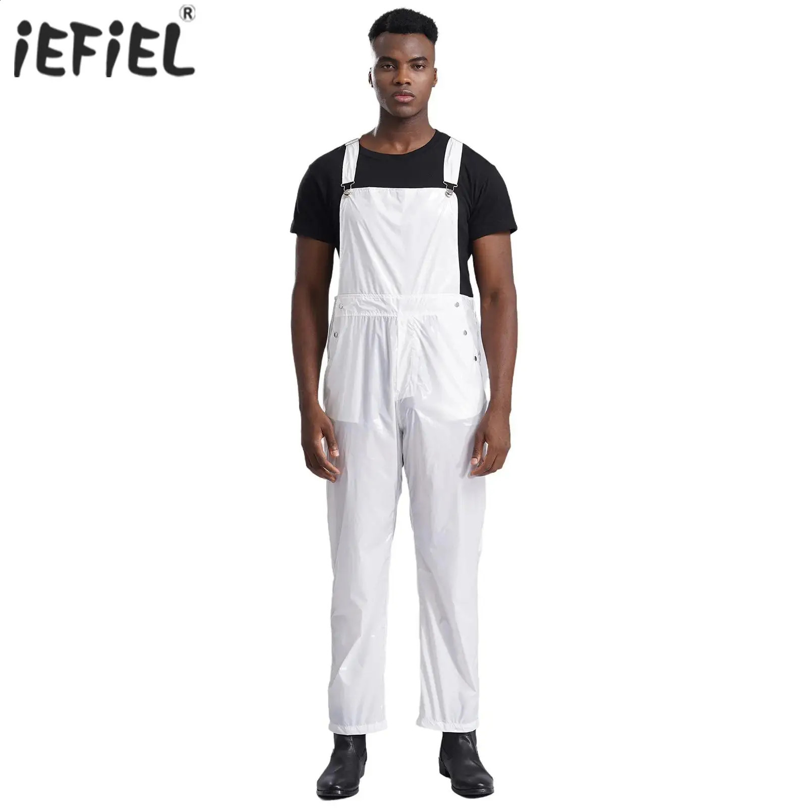 Mens Glossy Bib Overall Costume Adult Adjustable Wide Straps Water Resistant Jumpsuit Overalls with Pockets 250729