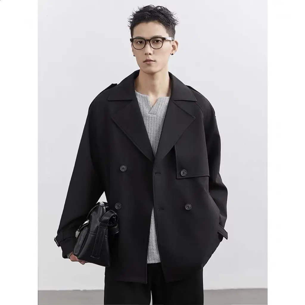 Spring and Autumn Suit Collar Windbreaker Short Coat Men Clothing Korean StyleSolid Color Loose Casual Trench Coat for Men 250805