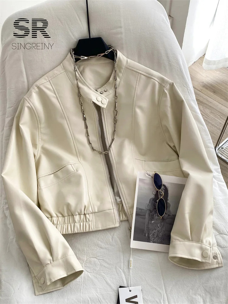 SINGREINY Streetwear PU Leather Cropped Jacket Long Sleeves Zipper Pocket n Women Chic Loose Trendy Autumn Overcoat 250809