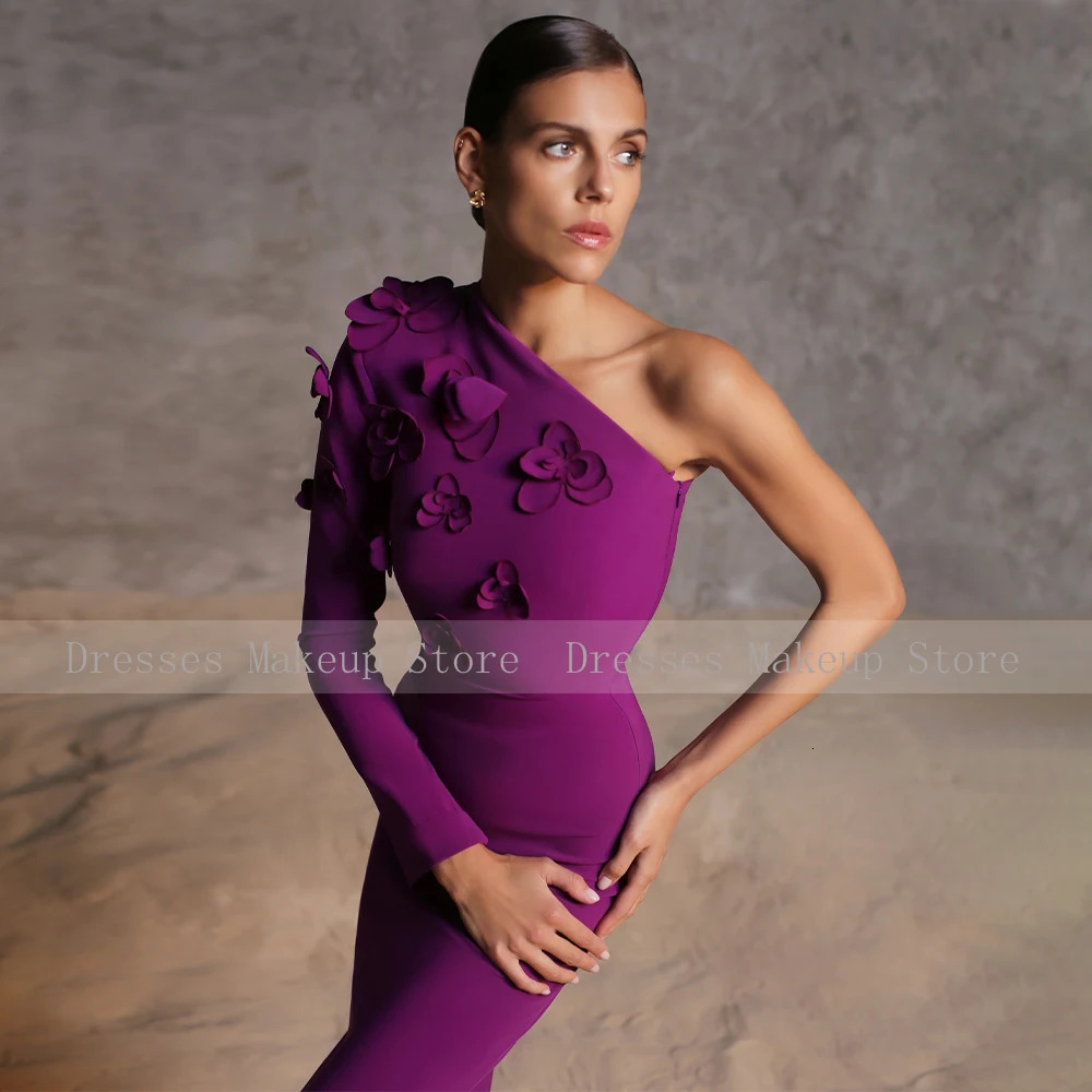 Purple Evening Dresses for Women One Shoulder Long Sleeve Formal Gown MermaidTrumpet 3D Flowers Elegant Wedding Party 250811