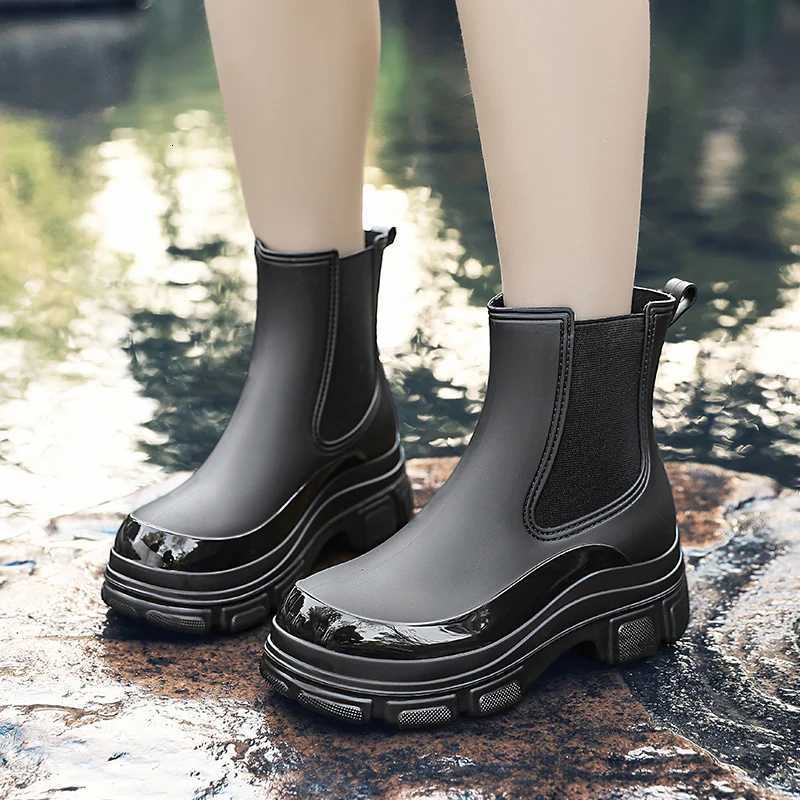 Martin Rain Boots for Women Fashionable Short-Tube Waterproof Shoes for Outdoor Wear New Mid-Tube Chelsea Waterproof Anti-Slip Rain Boots for Women W2