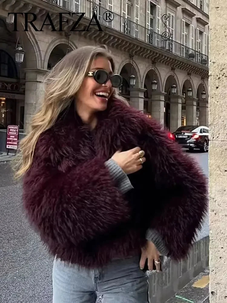 TRAFZA Winter Women Casual Faux Fur Lapel Jackets Fashion Solid Oversized Thick Coats Female Fuzzy Warm Long Sleeves Outerwear 250806