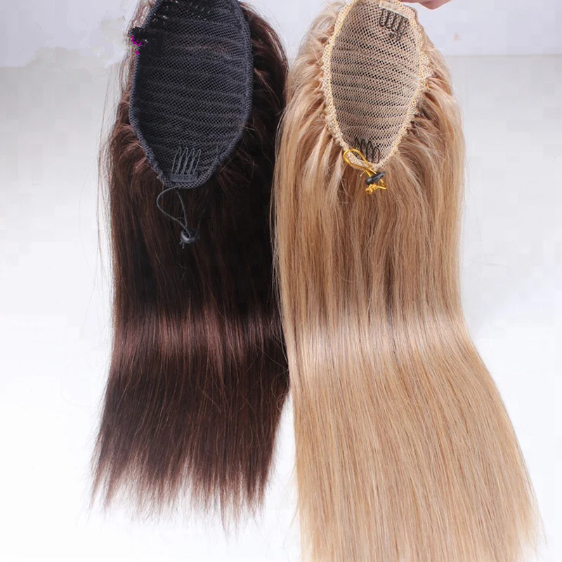 Ombre Blonde Drawstring Ponytail Human Hair Straight Real Natural Hair Extensions Drawstring Closure Fake Hair Tail for Women p27/613 100g 120g