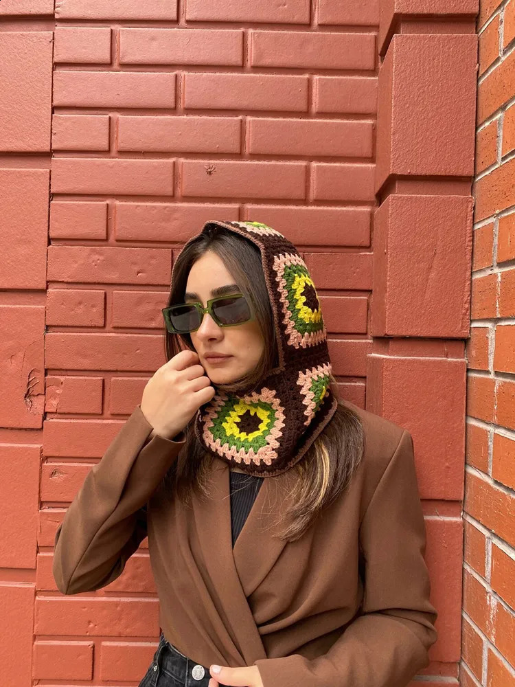 Colorful wool knit Balaclava Granny wooden Square Winter warm Crochet Hoodie hat Winter Accessories 250808