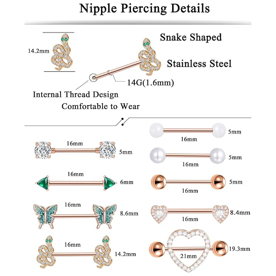 9Pairs Nipple Rings 14G Stainless Steel Heart Butterfly Snake Ball Emerald Triangle CZ Barbell Tongue Rings Set Body Piercing Jewelry for Women 16mm R