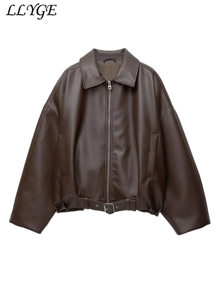 Street Womens Belt Leather Jackets Loose Lapel Zipper Long Sleeve Pockets Female Coats 2025 Autumn Lady Fashion Y2k Outwear 250811