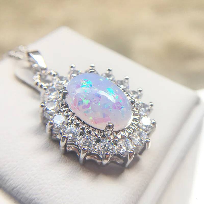 Genuine Sterling Sier Pendant Oval Shape Opal Necklace Zirconia Women Chain Necklaces Birthday Gifts for Wife