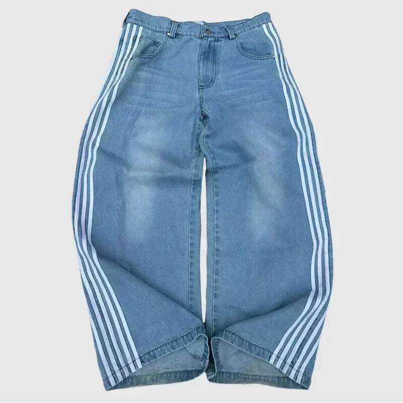 Men's vintage striped embroidered high waisted men's women's casual pants Haruku street loose wide leg jeans