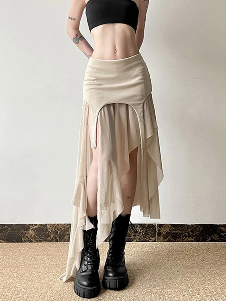 Zoki Sexy Irregular Y2K Skirts Women Vintage American High Waist Slim Slit Long Skirt Casual Lady Streetwear Retro Summer Skirts 250811