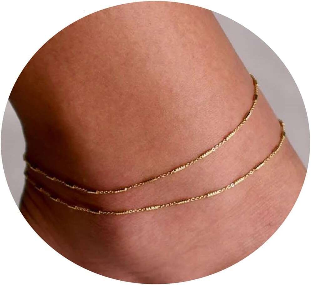 Dainty Layered Anklet,14K Gold Filled Cute Beads Satellite Chain Heart Boho Adjustable Anklets for Women