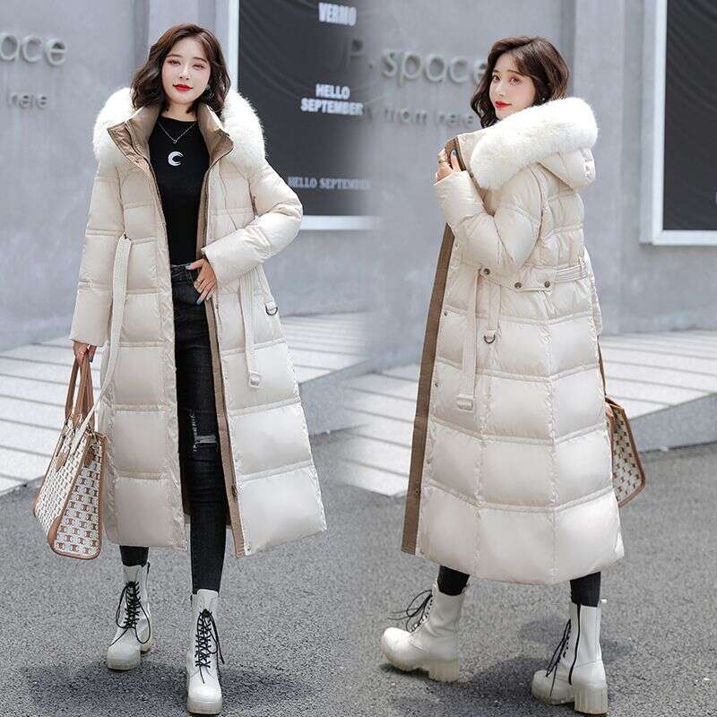 Winter new large fur collar, medium length waist belt, slim fit down cotton women's jacket
