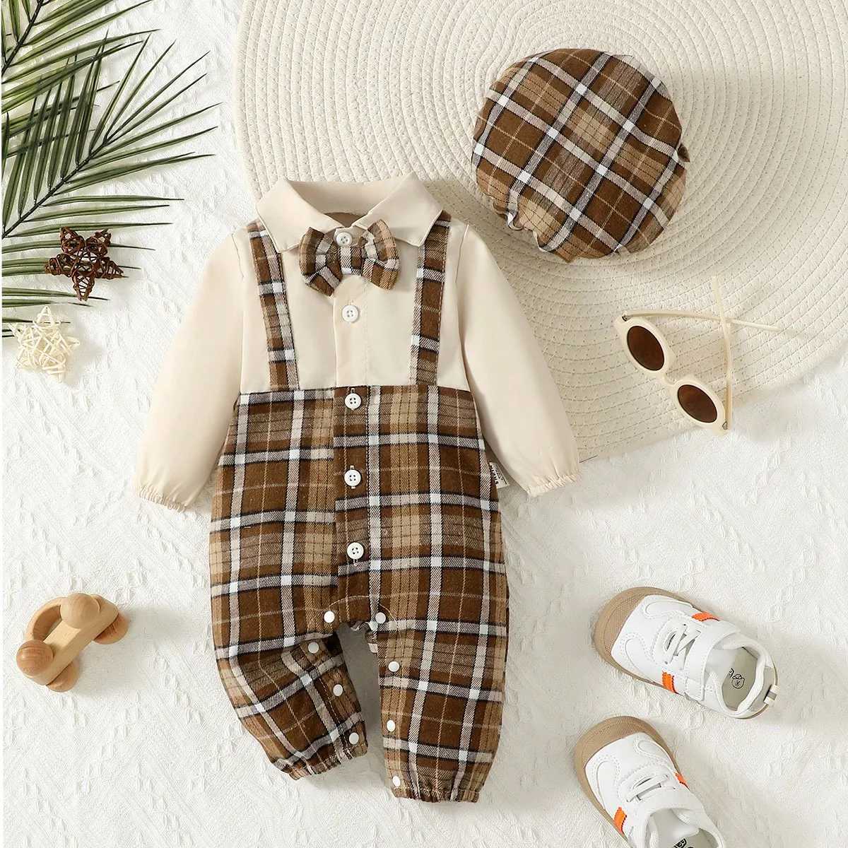 Two-Piece Baby Boy 1-24m Lapel Suspenders With Bow Gentleman Jumpsuit And Holmes Hat Spring And Autumn Z250811