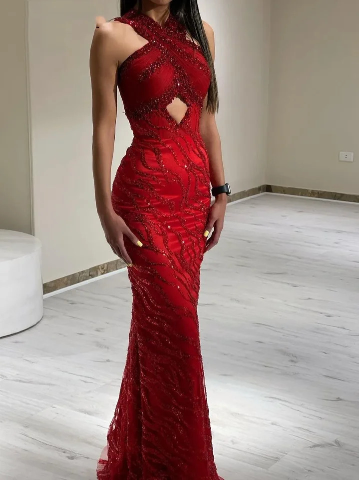 Oisslec Sexy Halter Red Mermaid Prom Dresses Long Sleeves Evening Beads Sequins Zipper Women Formal Party 250811