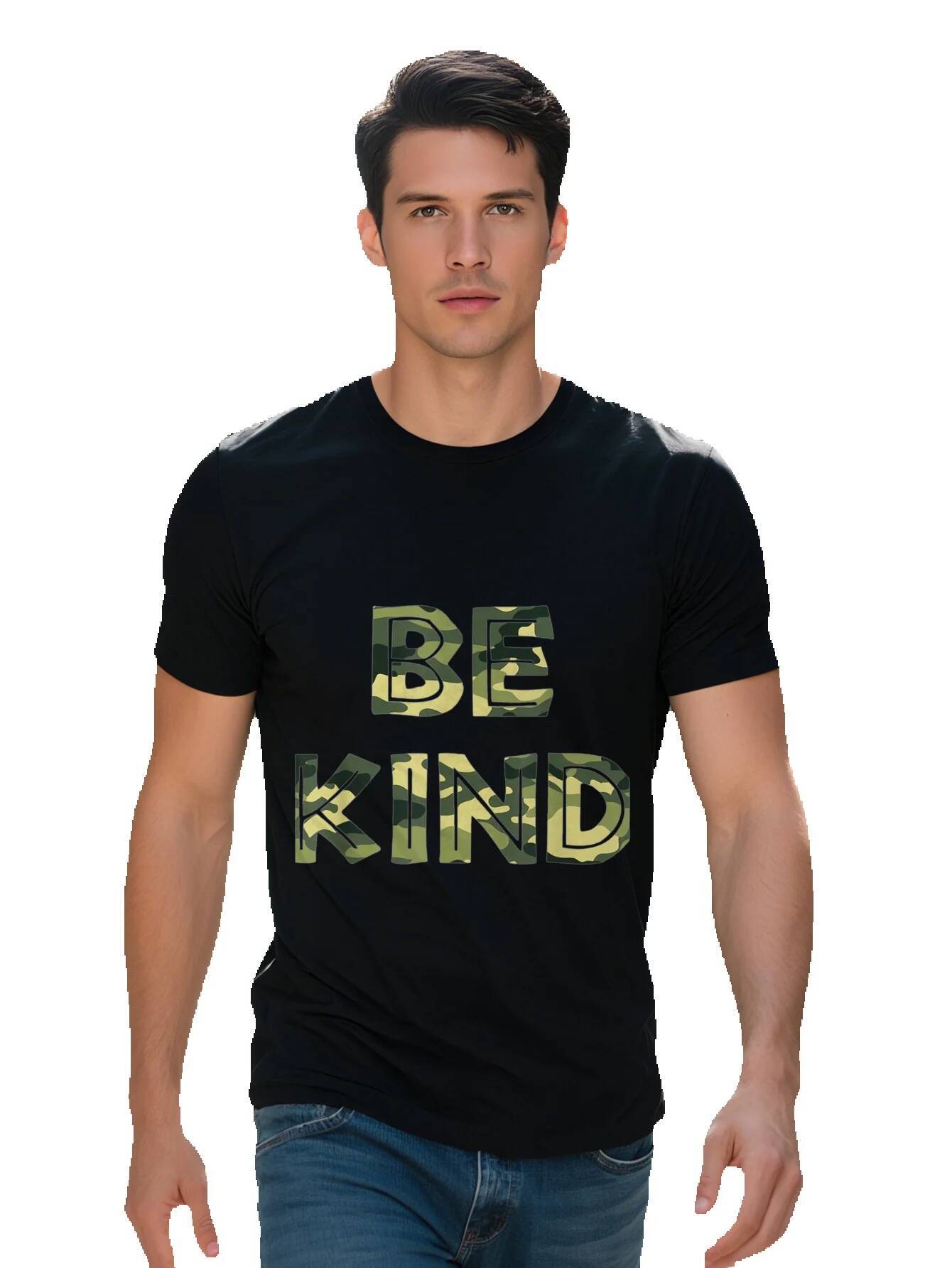 Be Kind Men's Cotton T-Shirt Black with Camo Accents Anti-Bullying Theme Crew Neck Short Sleeve Casual Fit d41e7