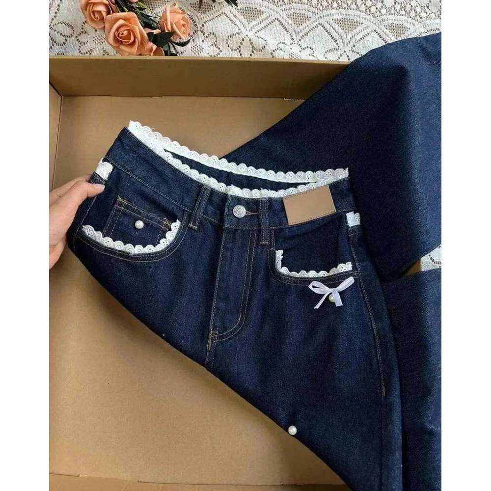Sweet Lace Waist Design Loose Women's Dark Blue Jeans Straight Leg Slimming Elegant Style Casual Fashion Denim Long Pants