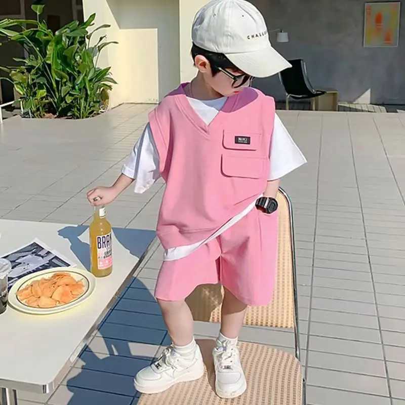 Childrens Summer Short Sleeve Set 2023 New Boys and Girls Pink Spliced T-shirt+Shorts 2-Piece Preschool Casual Sportswear Set Z250811