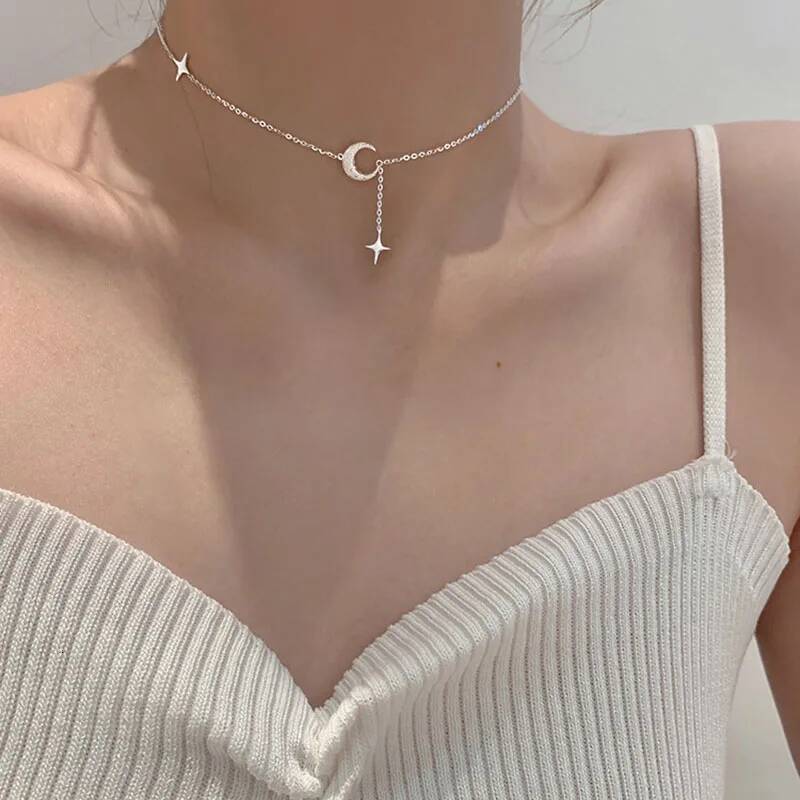 Popularity Fashion Moon Star Sterling Sier Necklace Geometric Shape Pendant Chain for Women's Fine Accessories