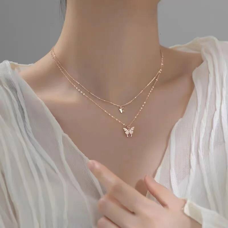 Popular Sterling Sier Double Layer Butterfly Necklace Zirconia Insect Pendant Birthday Gift For Women's Fine Jewelry