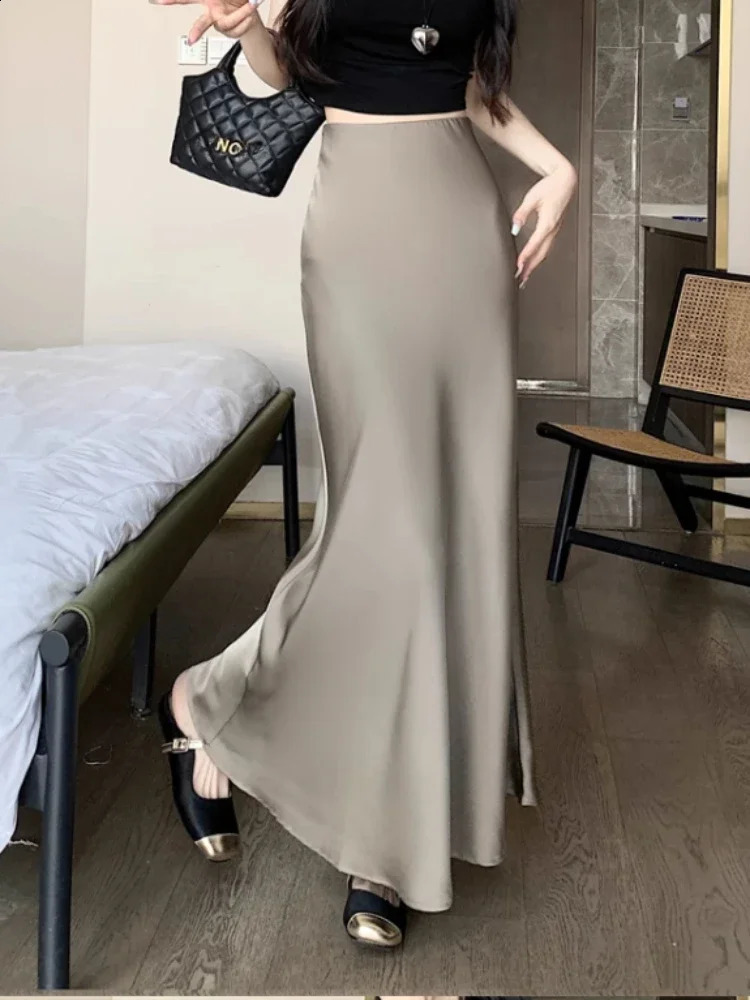 Womens Long Skirt Summer Silk High Waisted Satin Skirt Slim Fashion Korean Solid Champagne Black Midi Skirts for Women 250809