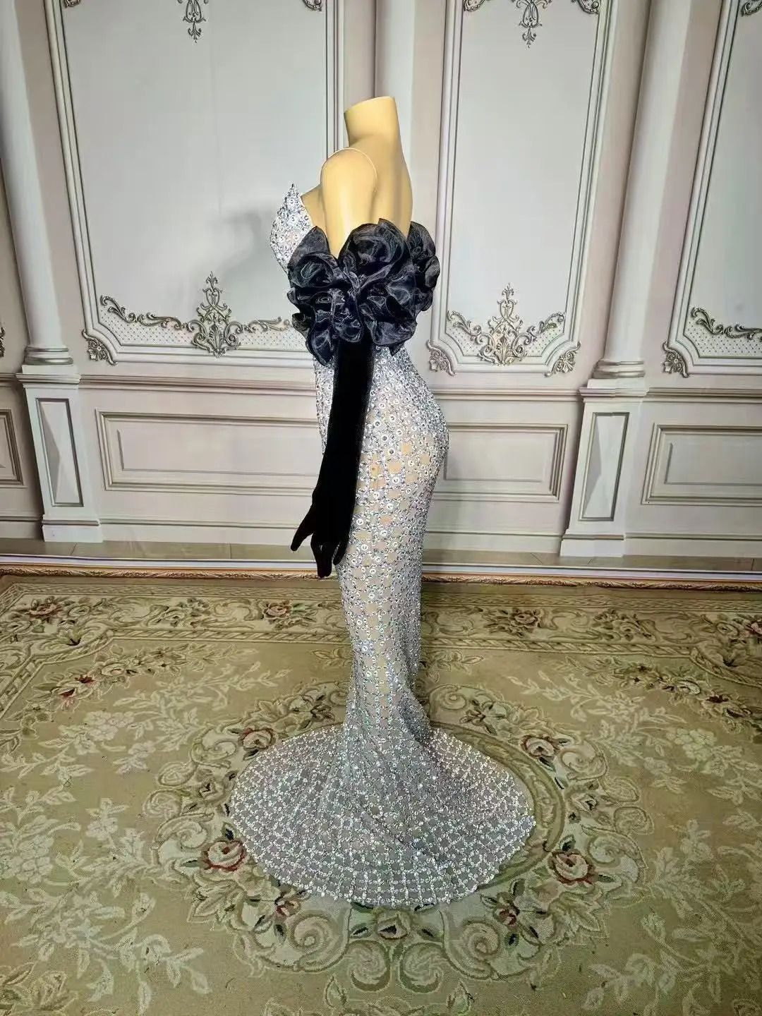 SWEMILE y Sparkly Mermaid Prom Dresses 3D Flowers Long Sleeves Strapless Beaded Diamonds Women Evening Gown Customized 250811