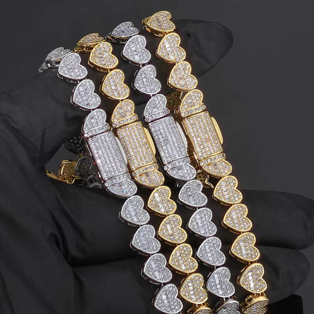 Nuo Ya Hip Hop 8mm Cluster Tennis Necklace with Ice Grade Moissanite Mixed Inlay Long Bar Heart Design 925 Silver Ex Necklace