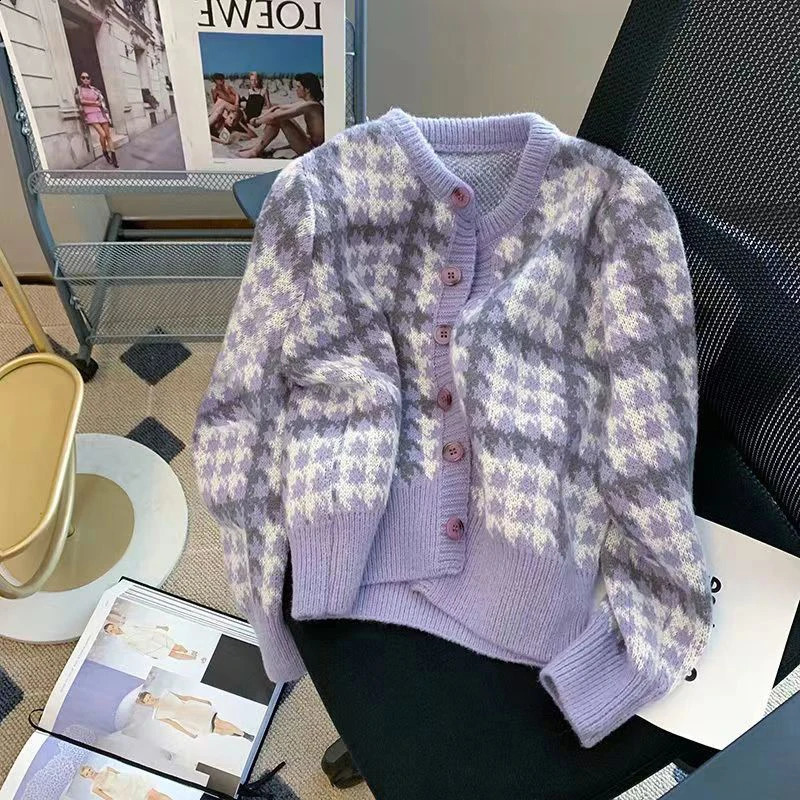 Y2k Pink Women Cardigan Korean Sweet Plaid Long Sleeve Female Sweaters Harajuku O Neck Preppy Style Ladies Tops 250811