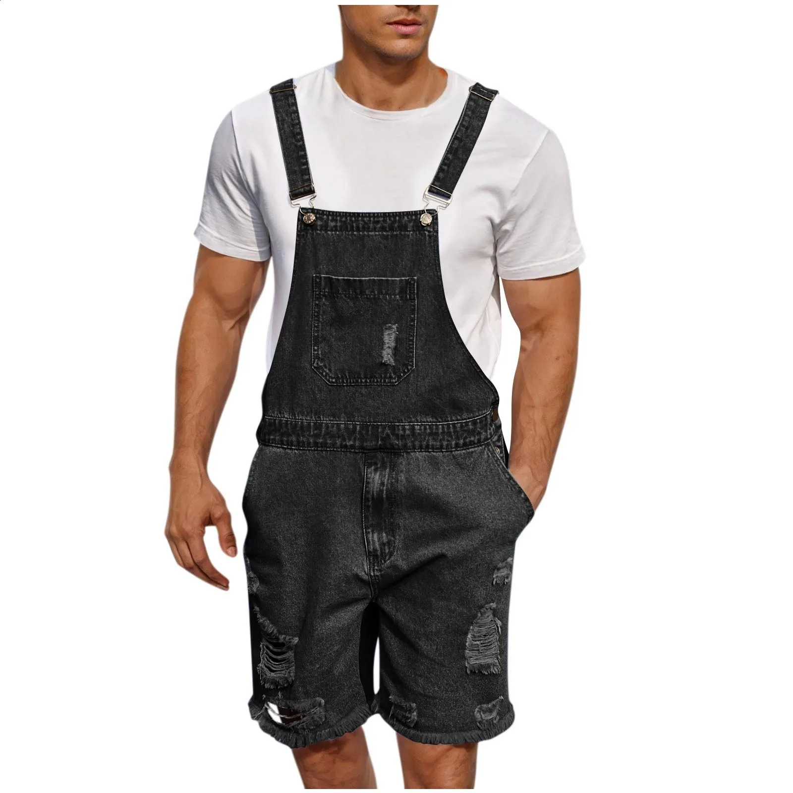 Summer Mens Vintage Jeans Overalls Elastic Denim Jumpsuit With Pockets Men Casual Button Suspenders Short Pants 250729