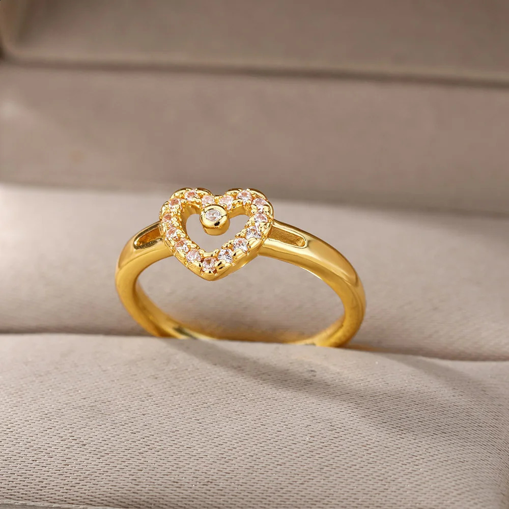 Heart Zircon Rings for Women Open Adjustable Stainless Steel Ring Gold Color Romantic Wedding Couple Aesthetic Jewelry anillos 250805