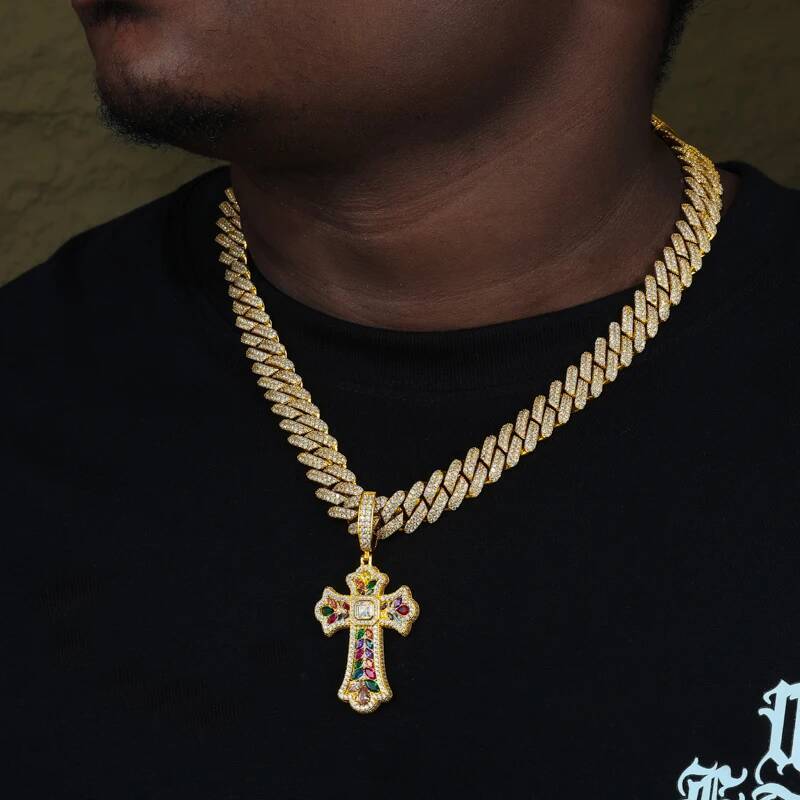 New Moissanite Rainbow Prismatic Cross Pendant Necklaces for Women Men Solid 925 Silver Pendant Charms Hip Hop Colorful Jewelry