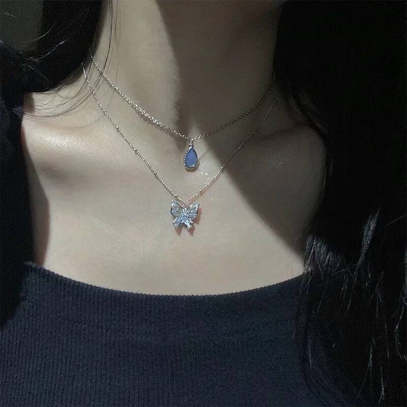 New Fashion Sier Color Double Layer Star Moon Necklace for Women Charm Delicate Zircon Stainless Steel Choker Chain Jewelry